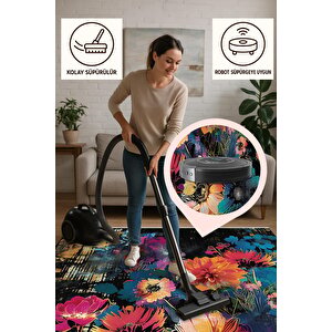 Siyah Zemin Üzerine Canlı Çiçekler – Sanatsal Ve Renkli Tasarım – Makinede Yıkanabilir, Pamuk Dokuma Tabanlı, Tüy Tutmaz