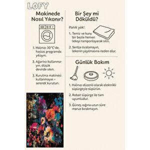 Siyah Zemin Üzerine Canlı Çiçekler – Sanatsal Ve Renkli Tasarım – Makinede Yıkanabilir, Pamuk Dokuma Tabanlı, Tüy Tutmaz