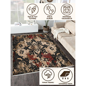 Halı – Siyah; Krem; Kahverengi; Kırmızı – Damask Desen, Pamuk Dokuma Taban, Makinede Yıkanabilir, Kolay Temizlenebilir, Toz Ve Tüy Tutmaz, Kaymaz, Evcil Hayvan Dostu 180x270 cm