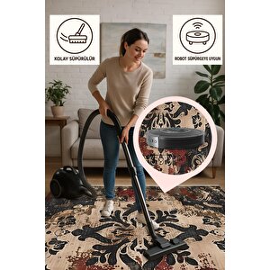 Halı – Siyah; Krem; Kahverengi; Kırmızı – Damask Desen, Pamuk Dokuma Taban, Makinede Yıkanabilir, Kolay Temizlenebilir, Toz Ve Tüy Tutmaz, Kaymaz, Evcil Hayvan Dostu