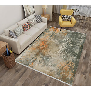 Soyut Desenli Halı – Yeşil, Turuncu Ve Bej – Doğal Tonlarda Modern Geçişler, Makinede Yıkanabilir, Kaymaz Taban, Evcil Hayvan Dostu 150x300 cm