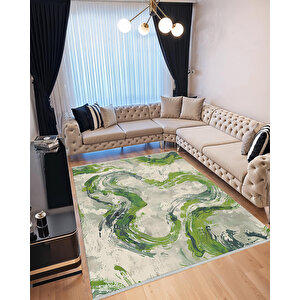 Soyut Dalga Desenli Halı – Yeşil Ve Krem – Modern Fırça İzi Tasarımı, Makinede Yıkanabilir, Kaymaz Ve İnce Tabanlı 150x150 cm
