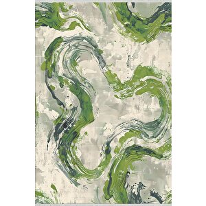 Soyut Dalga Desenli Halı – Yeşil Ve Krem – Modern Fırça İzi Tasarımı, Makinede Yıkanabilir, Kaymaz Ve İnce Tabanlı 150x150 cm