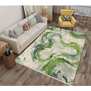 Soyut Dalga Desenli Halı – Yeşil Ve Krem – Modern Fırça İzi Tasarımı, Makinede Yıkanabilir, Kaymaz Ve İnce Tabanlı 150x150 cm