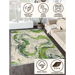 Soyut Dalga Desenli Halı – Yeşil Ve Krem – Modern Fırça İzi Tasarımı, Makinede Yıkanabilir, Kaymaz Ve İnce Tabanlı