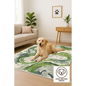 Soyut Dalga Desenli Halı – Yeşil Ve Krem – Modern Fırça İzi Tasarımı, Makinede Yıkanabilir, Kaymaz Ve İnce Tabanlı