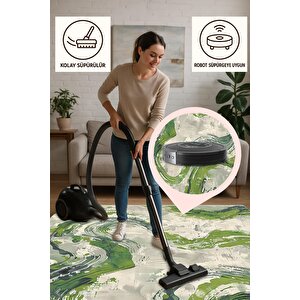 Soyut Dalga Desenli Halı – Yeşil Ve Krem – Modern Fırça İzi Tasarımı, Makinede Yıkanabilir, Kaymaz Ve İnce Tabanlı