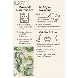 Soyut Dalga Desenli Halı – Yeşil Ve Krem – Modern Fırça İzi Tasarımı, Makinede Yıkanabilir, Kaymaz Ve İnce Tabanlı