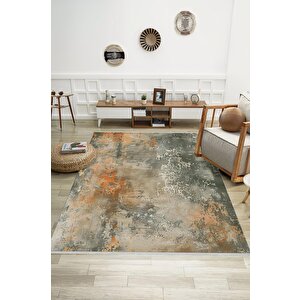 Soyut Desenli Halı – Yeşil, Turuncu Ve Bej – Doğal Tonlarda Modern Geçişler, Makinede Yıkanabilir, Kaymaz Taban, Evcil Hayvan Dostu 160x180 cm