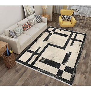 Halı – Siyah; Krem – Geometrik Desen, Pamuk Dokuma Taban, Makinede Yıkanabilir, Kolay Temizlenebilir, Toz Ve Tüy Tutmaz, Kaymaz, Evcil Hayvan Dostu 150x240 cm