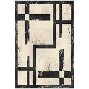 Halı – Siyah; Krem – Geometrik Desen, Pamuk Dokuma Taban, Makinede Yıkanabilir, Kolay Temizlenebilir, Toz Ve Tüy Tutmaz, Kaymaz, Evcil Hayvan Dostu 150x240 cm
