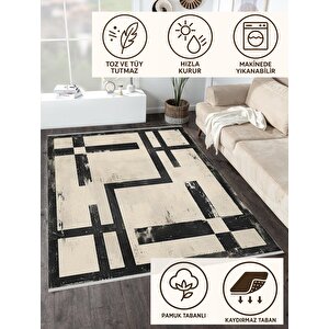 Halı – Siyah; Krem – Geometrik Desen, Pamuk Dokuma Taban, Makinede Yıkanabilir, Kolay Temizlenebilir, Toz Ve Tüy Tutmaz, Kaymaz, Evcil Hayvan Dostu