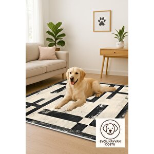 Halı – Siyah; Krem – Geometrik Desen, Pamuk Dokuma Taban, Makinede Yıkanabilir, Kolay Temizlenebilir, Toz Ve Tüy Tutmaz, Kaymaz, Evcil Hayvan Dostu