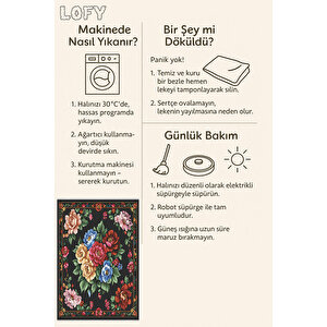 Siyah Zeminli Çiçek Desenli Halı – Kırmızı, Pembe, Sarı Ve Yeşil Tonlar – Yıkanabilir, Kaymaz Taban, Toz Ve Tüy Tutmaz, Robot Süpürge Uyumlu
