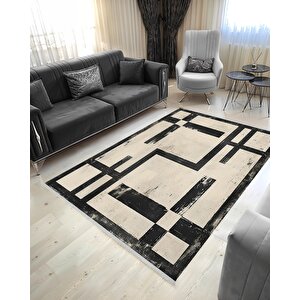Halı – Siyah; Krem – Geometrik Desen, Pamuk Dokuma Taban, Makinede Yıkanabilir, Kolay Temizlenebilir, Toz Ve Tüy Tutmaz, Kaymaz, Evcil Hayvan Dostu 160x350 cm