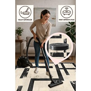 Halı – Siyah; Krem – Geometrik Desen, Pamuk Dokuma Taban, Makinede Yıkanabilir, Kolay Temizlenebilir, Toz Ve Tüy Tutmaz, Kaymaz, Evcil Hayvan Dostu