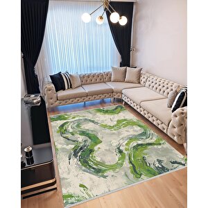 Soyut Dalga Desenli Halı – Yeşil Ve Krem – Modern Fırça İzi Tasarımı, Makinede Yıkanabilir, Kaymaz Ve İnce Tabanlı 80x80 cm