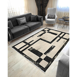 Halı – Siyah; Krem – Geometrik Desen, Pamuk Dokuma Taban, Makinede Yıkanabilir, Kolay Temizlenebilir, Toz Ve Tüy Tutmaz, Kaymaz, Evcil Hayvan Dostu 160x230 cm