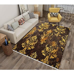 Barok Damask Desenli Halı – Kahverengi Ve Altın Sarısı – Gösterişli Eskitme Etki, Kolay Temizlik, Makinede Yıkanabilir, Kaymaz Ve İnce Tabanlı