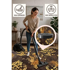 Barok Damask Desenli Halı – Kahverengi Ve Altın Sarısı – Gösterişli Eskitme Etki, Kolay Temizlik, Makinede Yıkanabilir, Kaymaz Ve İnce Tabanlı