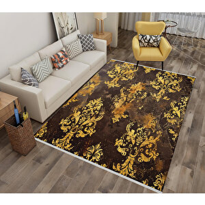 Barok Damask Desenli Halı – Kahverengi Ve Altın Sarısı – Gösterişli Eskitme Etki, Kolay Temizlik, Makinede Yıkanabilir, Kaymaz Ve İnce Tabanlı 180x200 cm