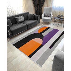 Halı – Turuncu; Mor; Siyah; Krem – Geometrik Desen, Pamuk Dokuma Taban, Makinede Yıkanabilir, Kolay Temizlenebilir, Toz Ve Tüy Tutmaz, Kaymaz, Evcil Hayvan Dostu 150x150 cm