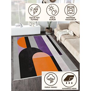 Halı – Turuncu; Mor; Siyah; Krem – Geometrik Desen, Pamuk Dokuma Taban, Makinede Yıkanabilir, Kolay Temizlenebilir, Toz Ve Tüy Tutmaz, Kaymaz, Evcil Hayvan Dostu 150x150 cm