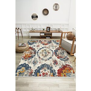 Patchwork Desenli Halı – Lacivert, Kırmızı, Sarı Ve Krem – Canlı Ve Zamansız Dekor Seçimi, Makinede Yıkanabilir, Kaymaz Taban, Pamuk Dokuma Taban