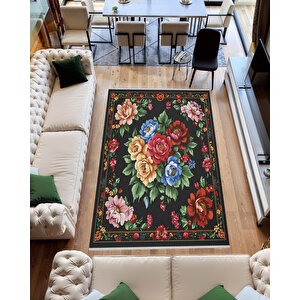 Siyah Zeminli Çiçek Desenli Halı – Kırmızı, Pembe, Sarı Ve Yeşil Tonlar – Yıkanabilir, Kaymaz Taban, Toz Ve Tüy Tutmaz, Robot Süpürge Uyumlu 120x180 cm