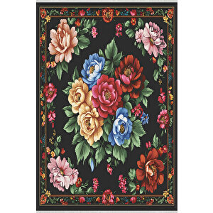 Siyah Zeminli Çiçek Desenli Halı – Kırmızı, Pembe, Sarı Ve Yeşil Tonlar – Yıkanabilir, Kaymaz Taban, Toz Ve Tüy Tutmaz, Robot Süpürge Uyumlu 120x180 cm