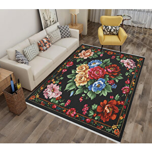 Siyah Zeminli Çiçek Desenli Halı – Kırmızı, Pembe, Sarı Ve Yeşil Tonlar – Yıkanabilir, Kaymaz Taban, Toz Ve Tüy Tutmaz, Robot Süpürge Uyumlu 120x180 cm