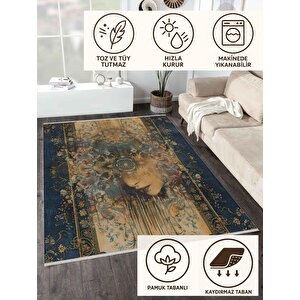 Hayal Bahçesi Halı – Lacivert, Sarı Ve Pastel Tonlar – Sanatsal Kadın Silueti Deseni, Pamuk Dokuma Taban, Makinede Yıkanabilir, Kolay Temizlenebilir, Toz Ve Tüy Tutmaz, Kaymaz, Evcil Hayvan Dostu
