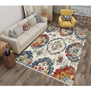 Patchwork Desenli Halı – Lacivert, Kırmızı, Sarı Ve Krem – Canlı Ve Zamansız Dekor Seçimi, Makinede Yıkanabilir, Kaymaz Taban, Pamuk Dokuma Taban