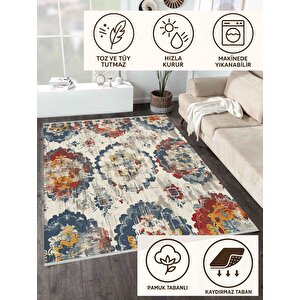 Patchwork Desenli Halı – Lacivert, Kırmızı, Sarı Ve Krem – Canlı Ve Zamansız Dekor Seçimi, Makinede Yıkanabilir, Kaymaz Taban, Pamuk Dokuma Taban
