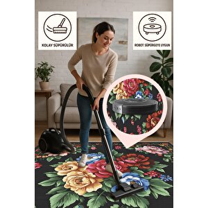 Siyah Zeminli Çiçek Desenli Halı – Kırmızı, Pembe, Sarı Ve Yeşil Tonlar – Yıkanabilir, Kaymaz Taban, Toz Ve Tüy Tutmaz, Robot Süpürge Uyumlu