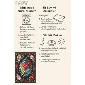 Siyah Zeminli Çiçek Desenli Halı – Kırmızı, Pembe, Sarı Ve Yeşil Tonlar – Yıkanabilir, Kaymaz Taban, Toz Ve Tüy Tutmaz, Robot Süpürge Uyumlu