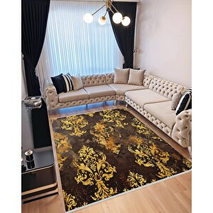 Barok Damask Desenli Halı – Kahverengi Ve Altın Sarısı – Gösterişli Eskitme Etki, Kolay Temizlik, Makinede Yıkanabilir, Kaymaz Ve İnce Tabanlı