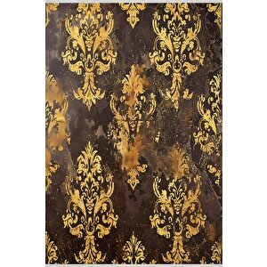 Barok Damask Desenli Halı – Kahverengi Ve Altın Sarısı – Gösterişli Eskitme Etki, Kolay Temizlik, Makinede Yıkanabilir, Kaymaz Ve İnce Tabanlı