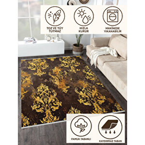 Barok Damask Desenli Halı – Kahverengi Ve Altın Sarısı – Gösterişli Eskitme Etki, Kolay Temizlik, Makinede Yıkanabilir, Kaymaz Ve İnce Tabanlı