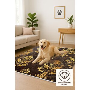 Barok Damask Desenli Halı – Kahverengi Ve Altın Sarısı – Gösterişli Eskitme Etki, Kolay Temizlik, Makinede Yıkanabilir, Kaymaz Ve İnce Tabanlı