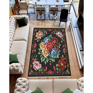 Siyah Zeminli Çiçek Desenli Halı – Kırmızı, Pembe, Sarı Ve Yeşil Tonlar – Yıkanabilir, Kaymaz Taban, Toz Ve Tüy Tutmaz, Robot Süpürge Uyumlu 150x300 cm