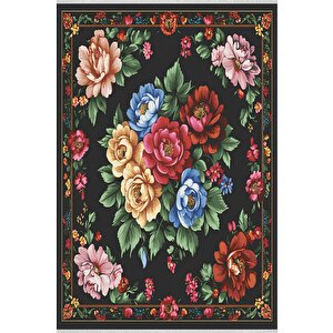 Siyah Zeminli Çiçek Desenli Halı – Kırmızı, Pembe, Sarı Ve Yeşil Tonlar – Yıkanabilir, Kaymaz Taban, Toz Ve Tüy Tutmaz, Robot Süpürge Uyumlu 150x300 cm