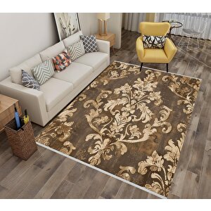 Halı – Kahverengi; Bej – Eskitme Damask Desen, Pamuk Dokuma Taban, Makinede Yıkanabilir, Kolay Temizlenebilir, Toz Ve Tüy Tutmaz, Kaymaz, Evcil Hayvan Dostu