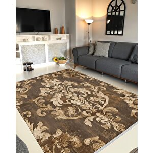 Halı – Kahverengi; Bej – Eskitme Damask Desen, Pamuk Dokuma Taban, Makinede Yıkanabilir, Kolay Temizlenebilir, Toz Ve Tüy Tutmaz, Kaymaz, Evcil Hayvan Dostu