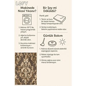 Halı – Kahverengi; Bej – Eskitme Damask Desen, Pamuk Dokuma Taban, Makinede Yıkanabilir, Kolay Temizlenebilir, Toz Ve Tüy Tutmaz, Kaymaz, Evcil Hayvan Dostu