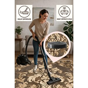 Halı – Kahverengi; Bej – Eskitme Damask Desen, Pamuk Dokuma Taban, Makinede Yıkanabilir, Kolay Temizlenebilir, Toz Ve Tüy Tutmaz, Kaymaz, Evcil Hayvan Dostu