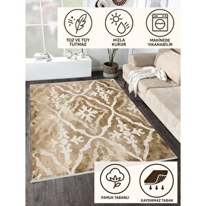 Fas Geçişli Halı – Bej Ve Krem – Eskitme Dokulu Doğu Motifleri, Makinede Yıkanabilir, Kaymaz Ve İnce Tabanlı 200x270 cm