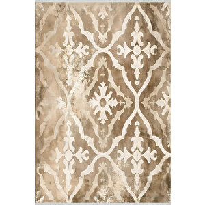 Fas Geçişli Halı – Bej Ve Krem – Eskitme Dokulu Doğu Motifleri, Makinede Yıkanabilir, Kaymaz Ve İnce Tabanlı 150x300 cm