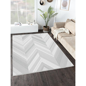 Modern Gri Zikzak Halı – Gri Ve Beyaz – Minimal Chevron Deseni, Pamuk Dokuma Taban, Makinede Yıkanabilir, Kolay Temizlenebilir, Toz Ve Tüy Tutmaz, Kaymaz, Evcil Hayvan Dostu