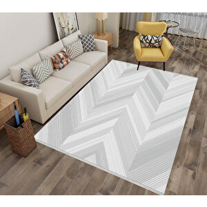 Modern Gri Zikzak Halı – Gri Ve Beyaz – Minimal Chevron Deseni, Pamuk Dokuma Taban, Makinede Yıkanabilir, Kolay Temizlenebilir, Toz Ve Tüy Tutmaz, Kaymaz, Evcil Hayvan Dostu